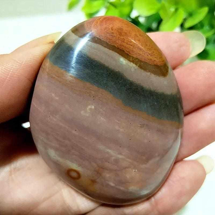 Polished natural Polychrome Jasper palm stone with earthy rust, cream, and sage bands for grounding meditation.