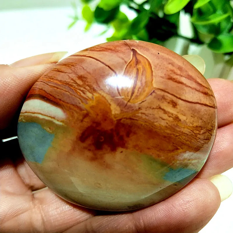 Polished polychrome jasper palm stone with earthy rust, cream, and sage bands for grounding and chakra meditation.