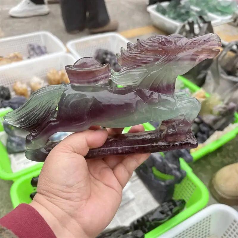 Natural Rainbow Fluorite crystal horse figurine with purple and green banding, perfect for intuition and mental clarity.