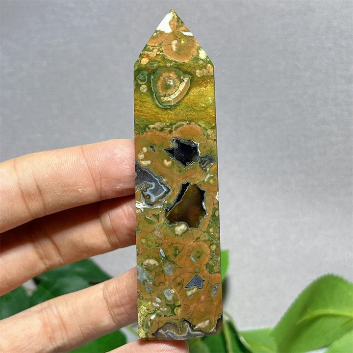 Natural Crystal Rainforest Jasper tower point wand, green, brown, and black with unique patterns, for energy and Feng Shui.