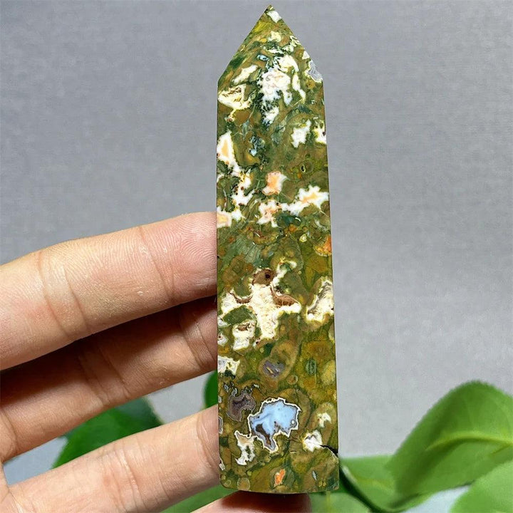 Natural Crystal Rainforest Jasper Tower Point Wand, green, white, and orange stone for Feng Shui.