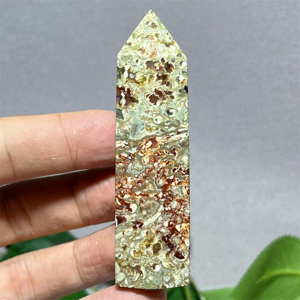 Natural Crystal Rainforest Jasper tower point wand, green and brown mottled stone for Feng Shui and Reiki.