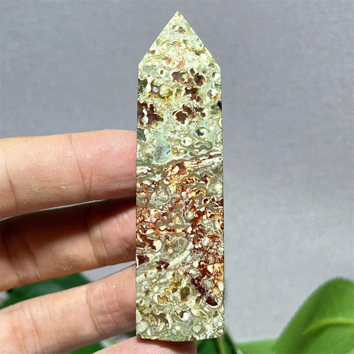 Natural Crystal Rainforest Jasper tower point wand, green and brown mottled stone for Feng Shui and Reiki.