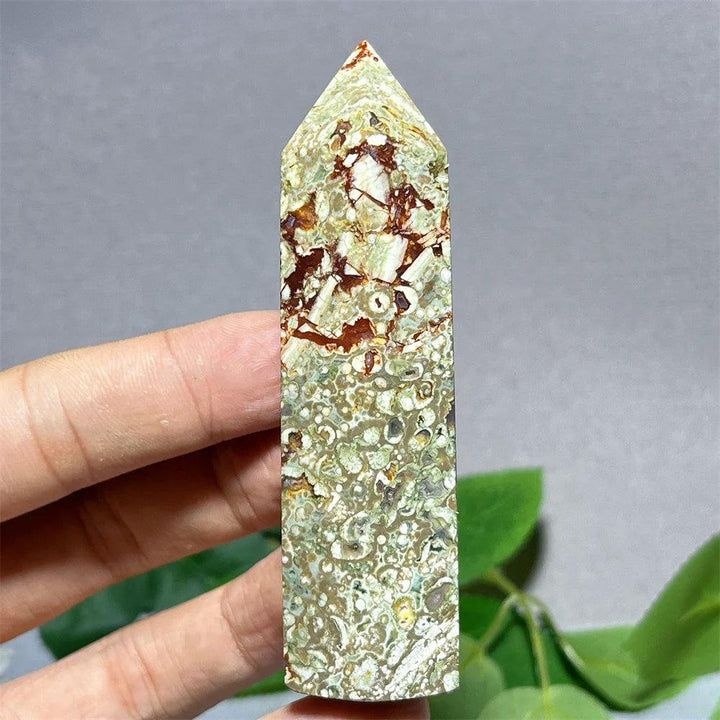 Natural Crystal Rainforest Jasper tower point wand, green, brown, and cream speckled stone, for Feng Shui and Reiki.