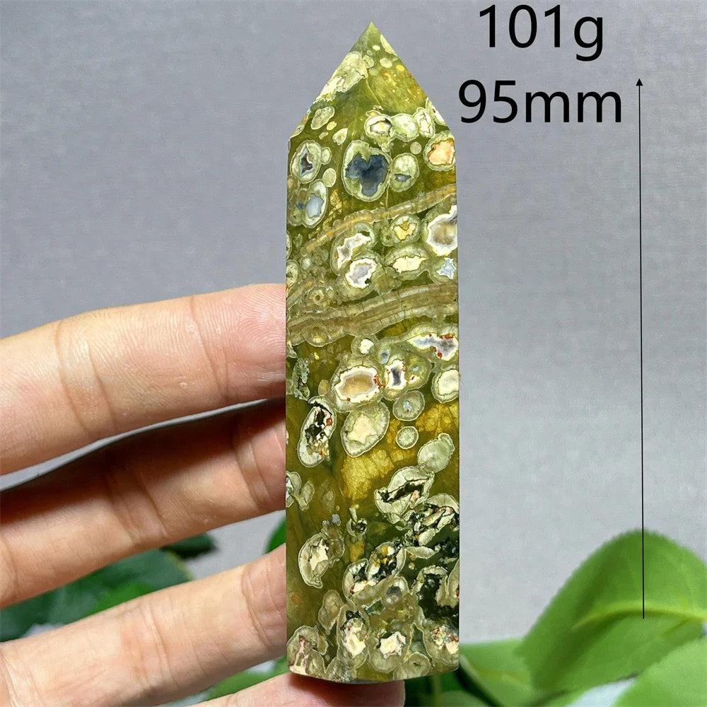 Natural Crystal Rainforest Jasper tower point wand, 95mm, green with earthy patterns, for Feng Shui and Reiki.