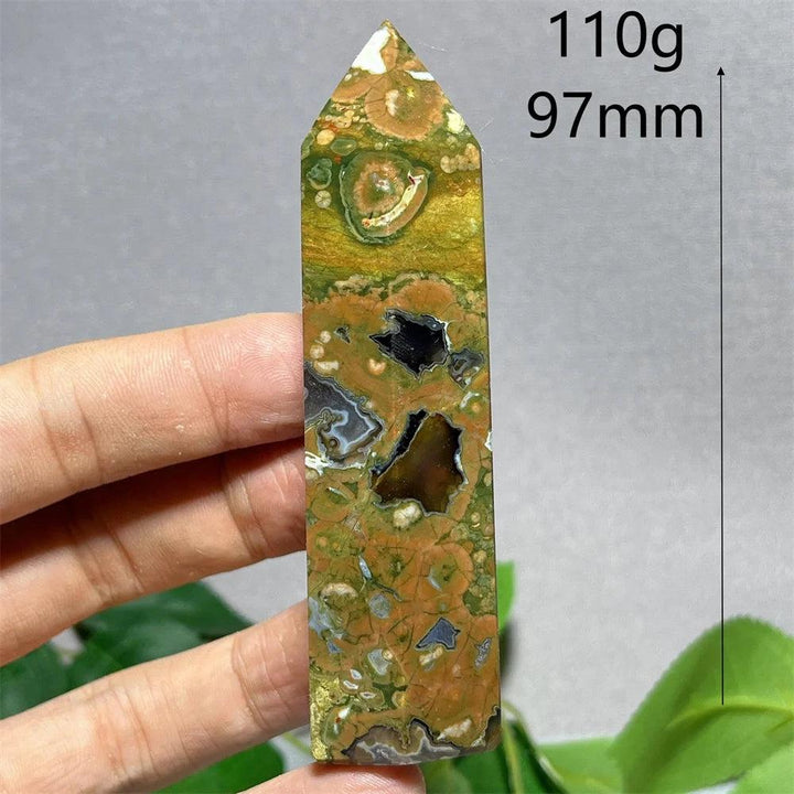 Natural Rainforest Jasper tower point wand, 97mm, with green, brown, and black patterns, for Feng Shui and Reiki.