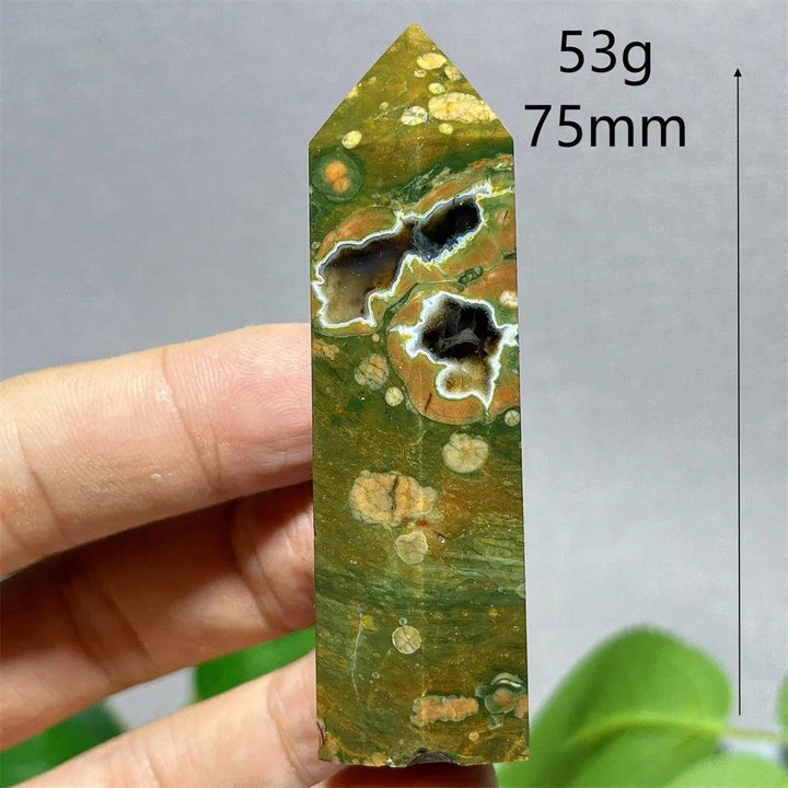 Green and brown Rainforest Jasper tower point, 75mm, with natural patterns for energy and Feng Shui.