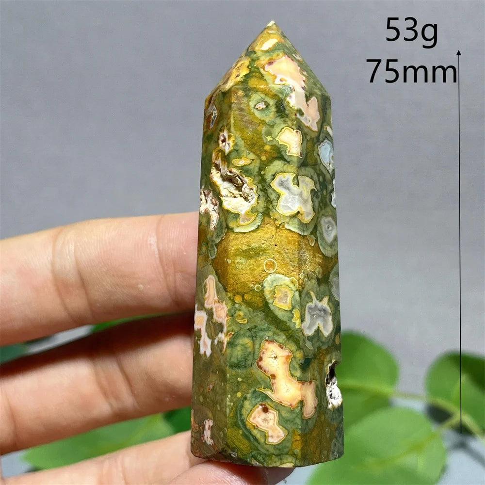 Green and brown Rainforest Jasper tower point wand, 75mm, for Feng Shui and Reiki.