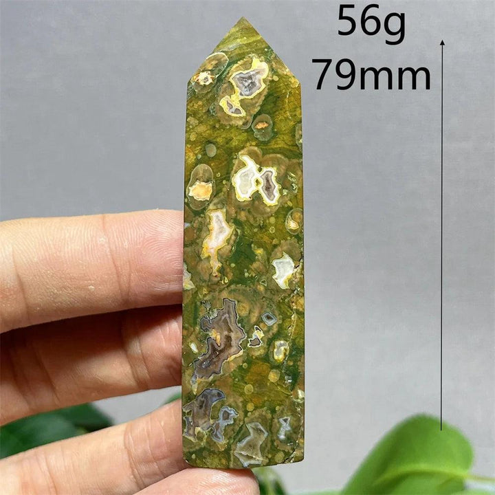 Green Crystal Rainforest Jasper tower point wand, 79mm, with natural brown and white inclusions.