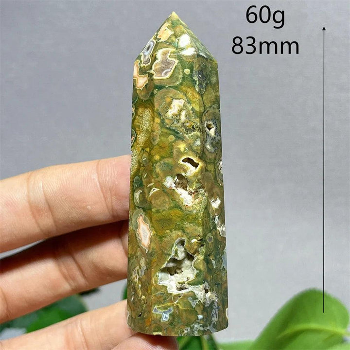 Natural Crystal Rainforest Jasper tower point wand, 60g, 83mm, green and brown tones, for Feng Shui and Reiki.