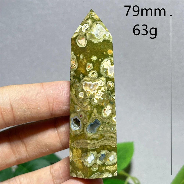 Natural Crystal Rainforest Jasper Tower Point Wand, 79mm, green with white and blue inclusions, for Feng Shui energy.