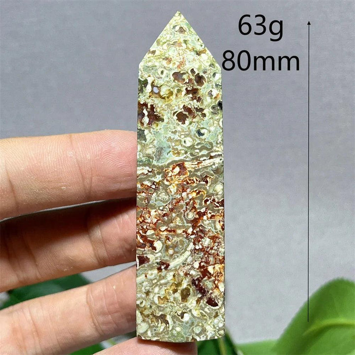 Natural Crystal Rainforest Jasper Tower Point Wand, 80mm, 63g, with green, brown, and cream patterns.