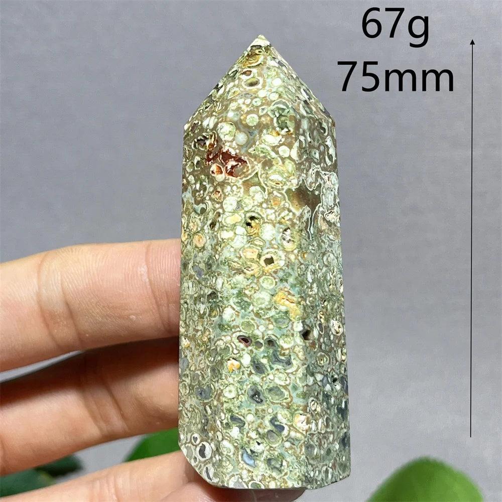 Natural Rainforest Jasper tower point wand, 75mm, with green, brown, and red speckled patterns for Feng Shui.