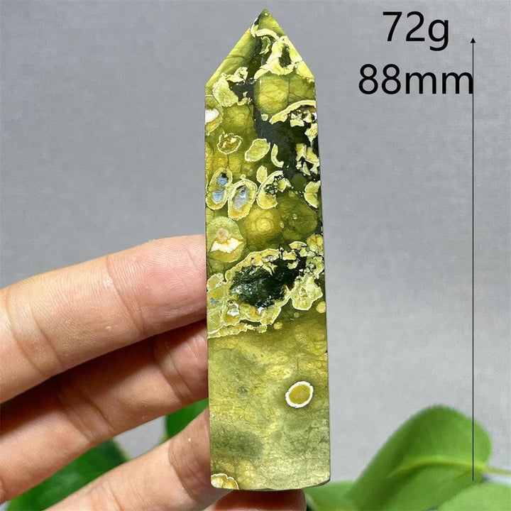 Green and yellow Crystal Rainforest Tower Point Wand, 88mm, 72g, for Feng Shui and Reiki.