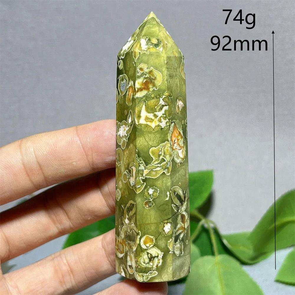 Natural Rainforest Jasper tower point, 92mm, with green, brown, and white patterns for energy healing.