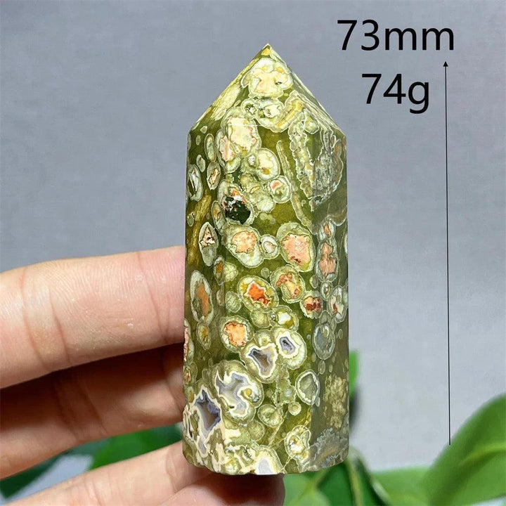 Green Crystal Rainforest Tower Point Wand, 73mm, 74g, with natural stone quartz minerals.