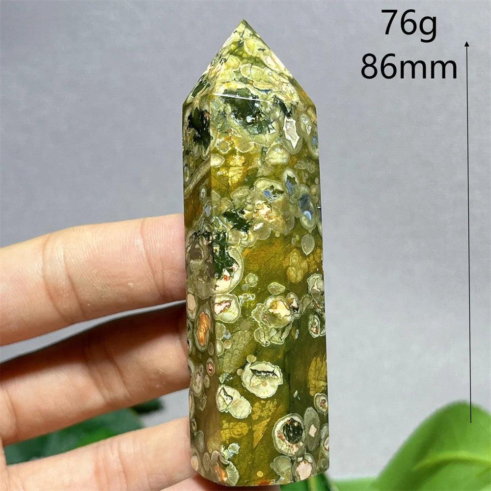 Natural Rainforest Jasper tower point wand, 86mm, 76g, with green, yellow, and white patterns.