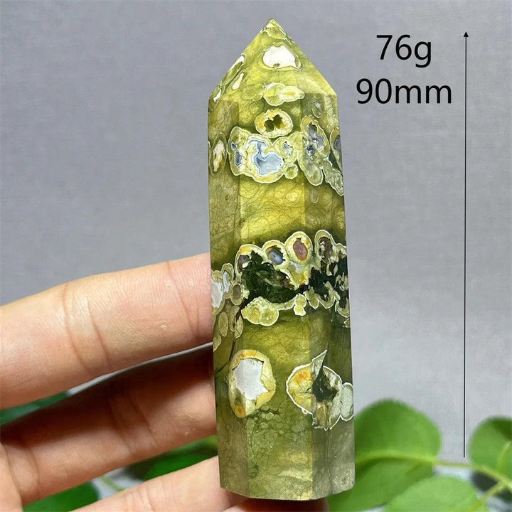 Green Crystal Rainforest Jasper tower point wand, 90mm, for Feng Shui and Reiki.