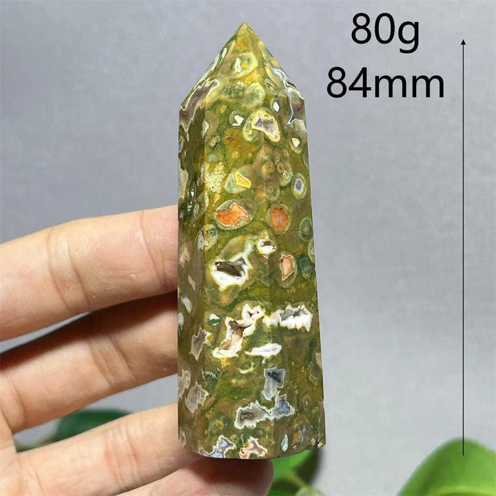 Green and brown Crystal Rainforest Tower Point Wand, 84mm, for Feng Shui and Reiki.