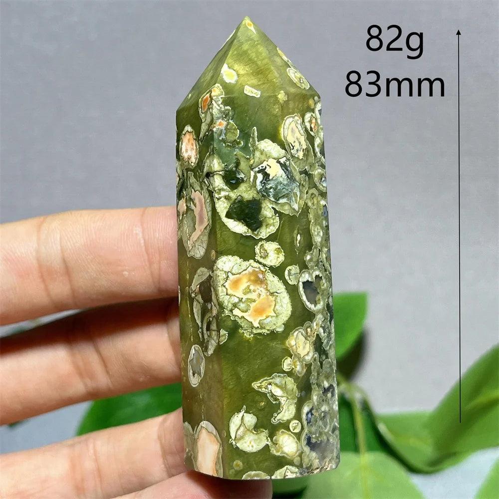 Green Rainforest Jasper tower point wand, 83mm, with natural earthy patterns for Feng Shui and Reiki.