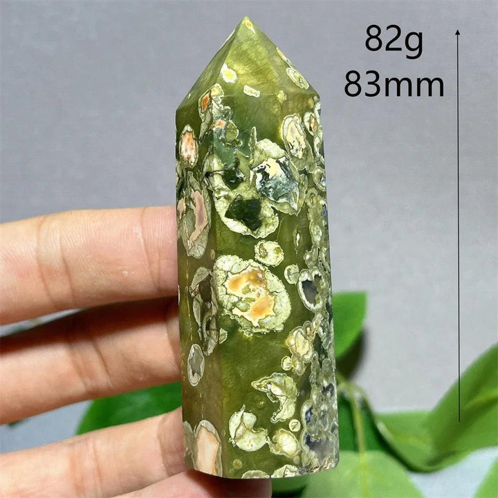 Green Rainforest Jasper tower point wand, 83mm, with natural earthy patterns for Feng Shui and Reiki.