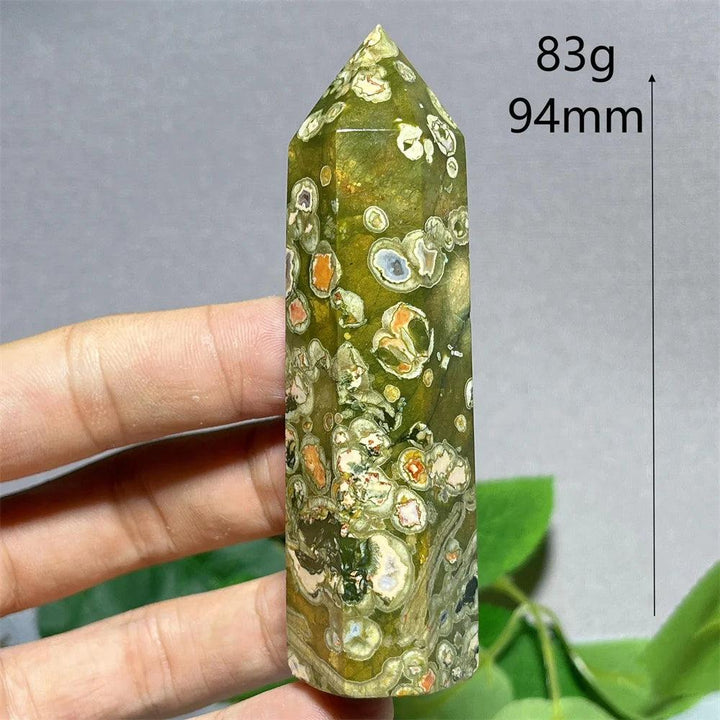 Green Crystal Rainforest Tower Point Wand, natural stone quartz, 94mm, for Feng Shui and Reiki.