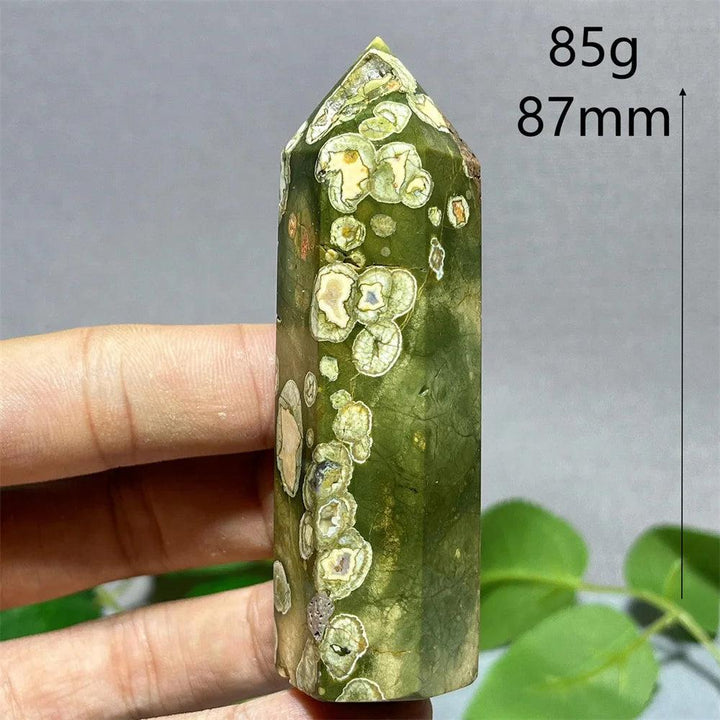 Green rainforest jasper tower point wand, 87mm, 85g, with natural white and beige inclusions.