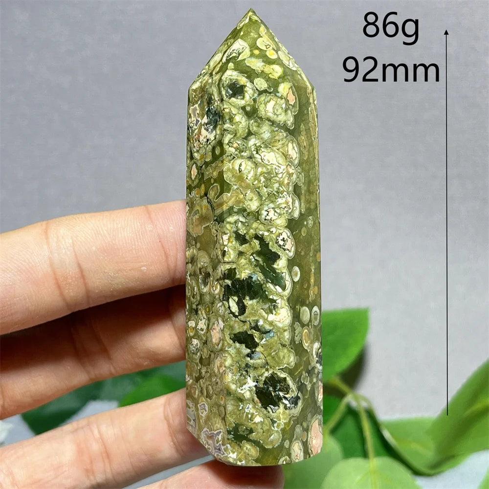 Green Rainforest Jasper tower point wand, 92mm, for Feng Shui and Reiki energy.