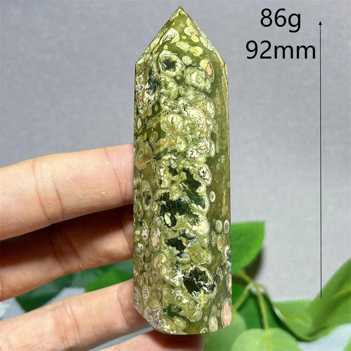 Green Rainforest Jasper tower point wand, 92mm, for Feng Shui and Reiki energy.