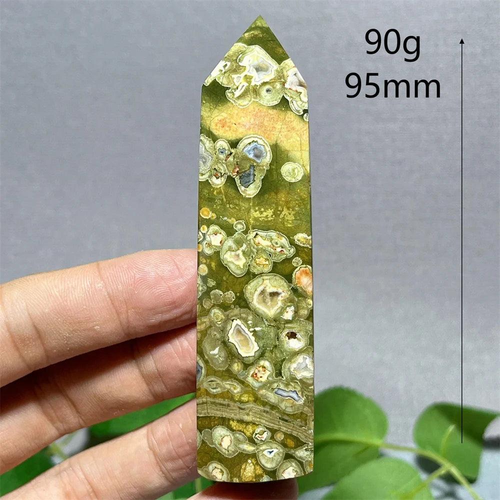 Green Crystal Rainforest Jasper tower point wand, 95mm, 90g, for Feng Shui and Reiki.