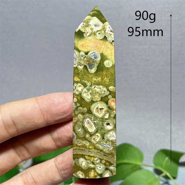 Green Crystal Rainforest Jasper tower point wand, 95mm, 90g, for Feng Shui and Reiki.