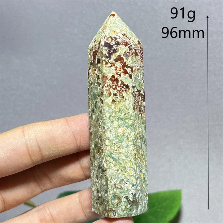 Natural Rainforest Jasper tower point wand, 96mm, 91g, with green, brown, and white speckled patterns.