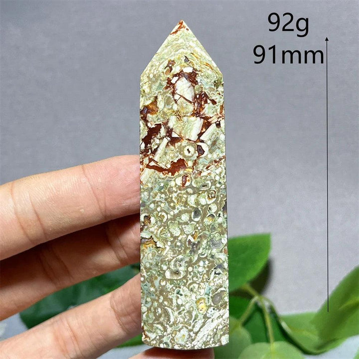 Natural Crystal Rainforest Jasper Tower Point Wand, 91mm, with earthy green, brown, and cream patterns.