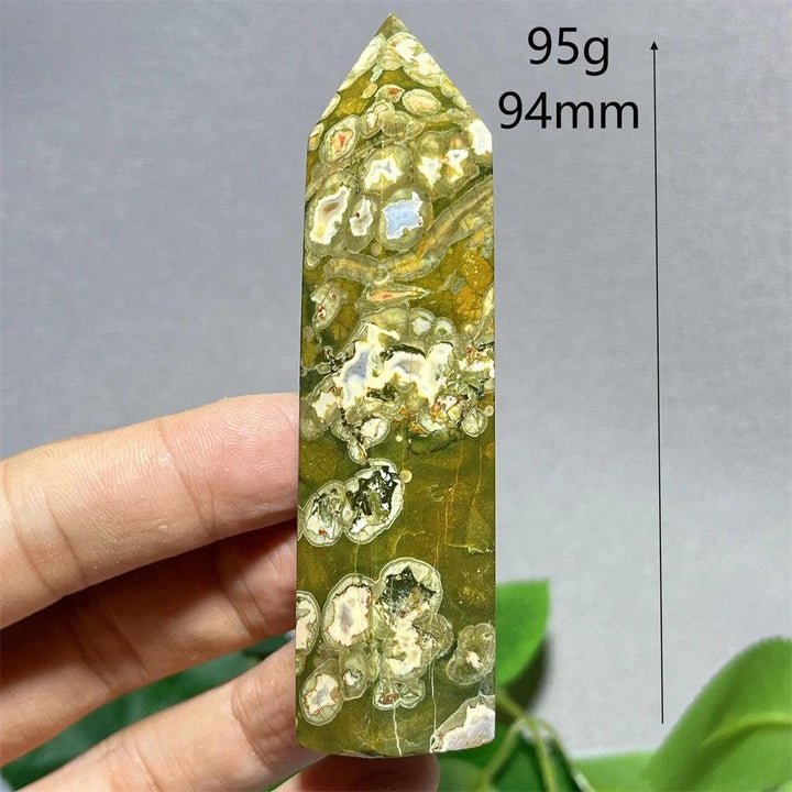 Natural Crystal Rainforest Jasper tower point wand, 94mm, with green, brown, and white patterns for Feng Shui.