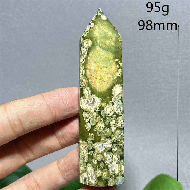 Green Rainforest Jasper tower point wand, 98mm, 95g, with natural stone patterns for Feng Shui.