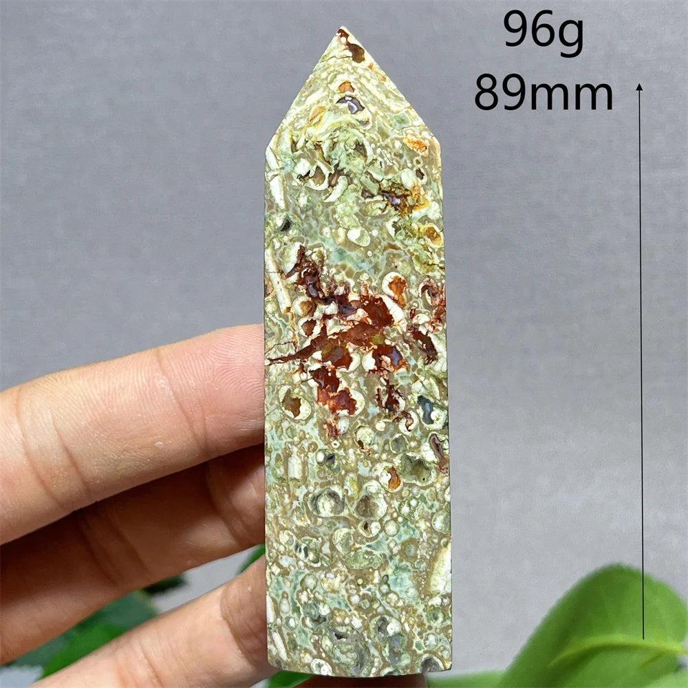Natural Rainforest Jasper tower point wand, 89mm, with green, brown, and red earthy tones for Feng Shui.