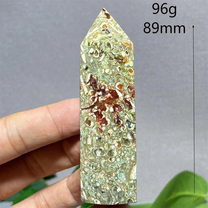 Natural Rainforest Jasper tower point wand, 89mm, with green, brown, and red earthy tones for Feng Shui.