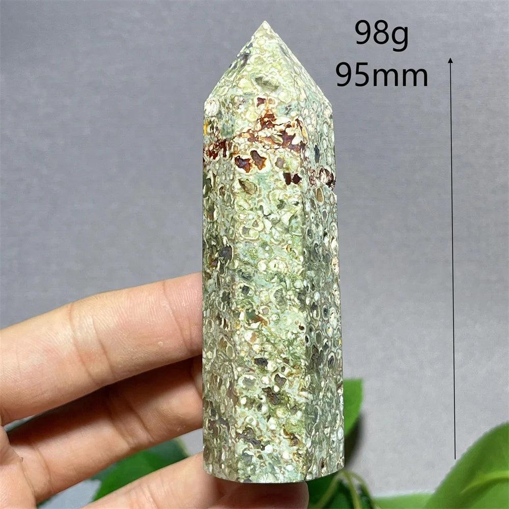 Green Rainforest Jasper tower point wand, 95mm, 98g, for Feng Shui and Reiki healing.