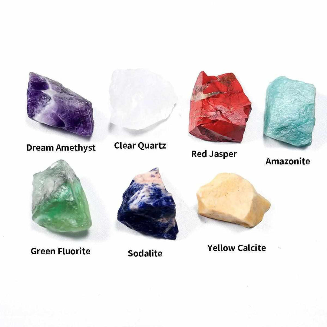 7 Chakra healing kit featuring raw, natural crystals like Amethyst, Clear Quartz, and Red Jasper for energy balancing.