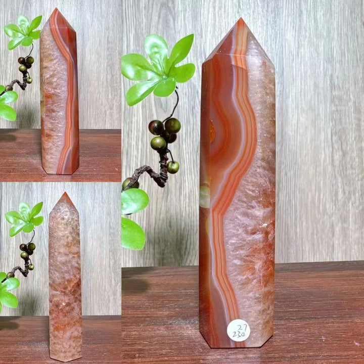 Natural red carnelian agate geode tower, a unique healing crystal for home decor and reiki energy.
