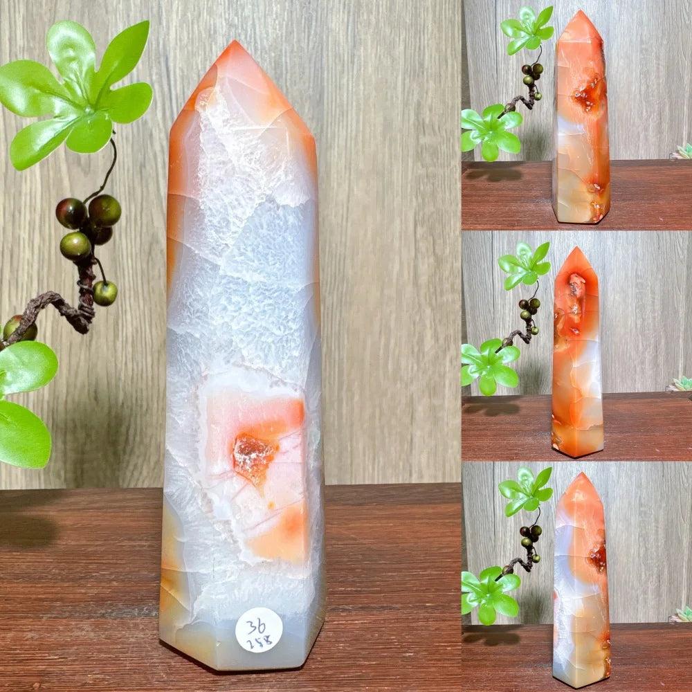 Natural red carnelian agate geode tower, a unique healing crystal for home decor and Reiki energy.