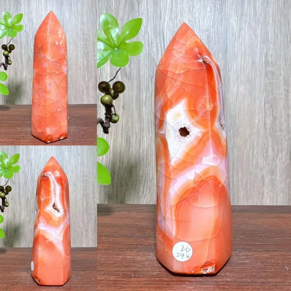 Natural red carnelian agate geode tower with white banding, perfect for healing and home decor.