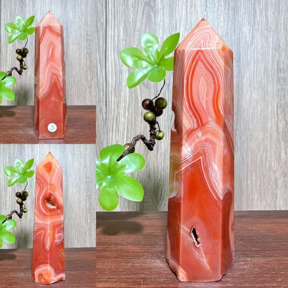 Natural red carnelian agate geode tower with unique banding, perfect for healing and home decor.