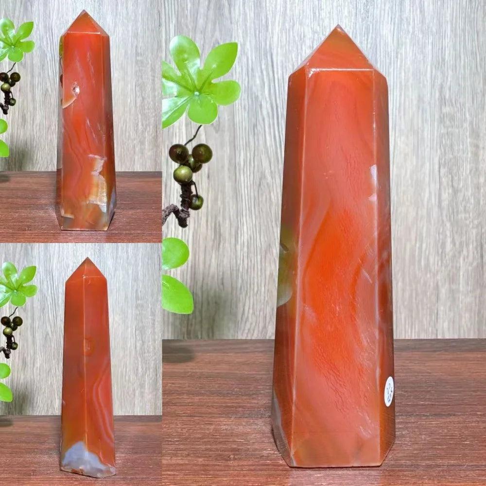 Natural red carnelian agate geode tower, a unique healing crystal for home decor and Reiki energy.