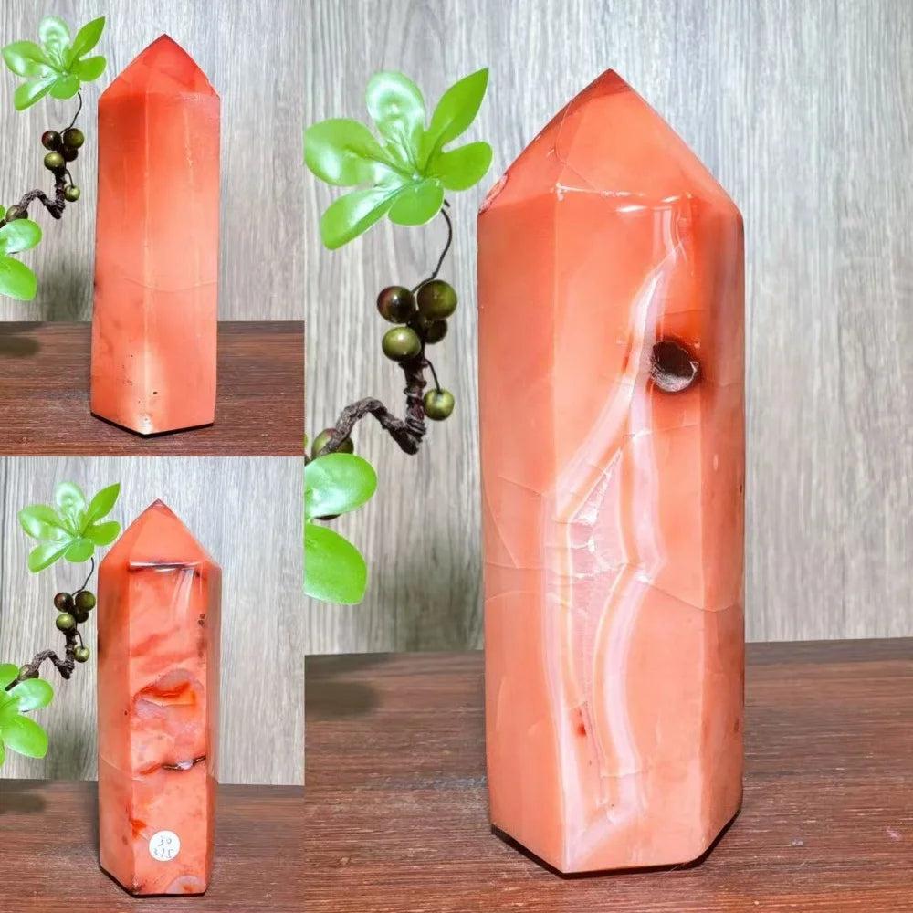 Natural red carnelian agate geode tower, a unique healing crystal for home decor and Reiki energy.