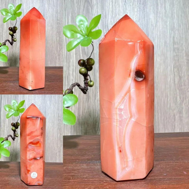 Natural red carnelian agate geode tower, a unique healing crystal for home decor and Reiki energy.