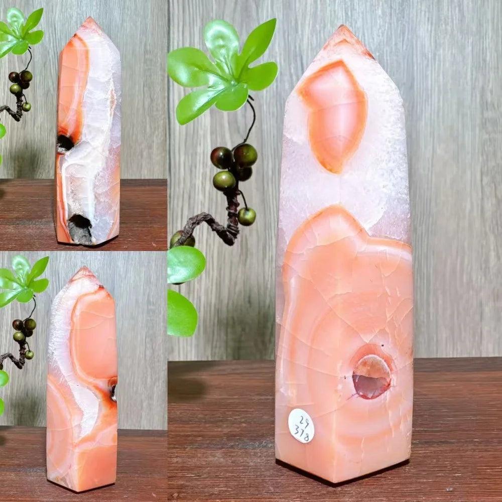Natural red carnelian agate raw geode tower, polished healing crystal with white and orange bands, reiki energy stone.