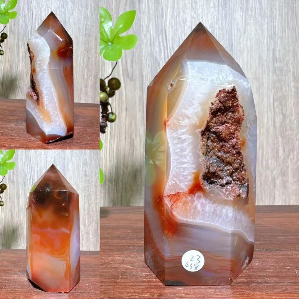 Natural red carnelian agate geode tower with raw crystal interior, ideal for healing and home decor.