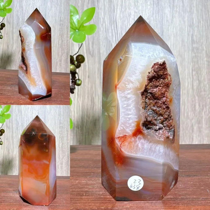 Natural red carnelian agate geode tower with raw crystal interior, ideal for healing and home decor.