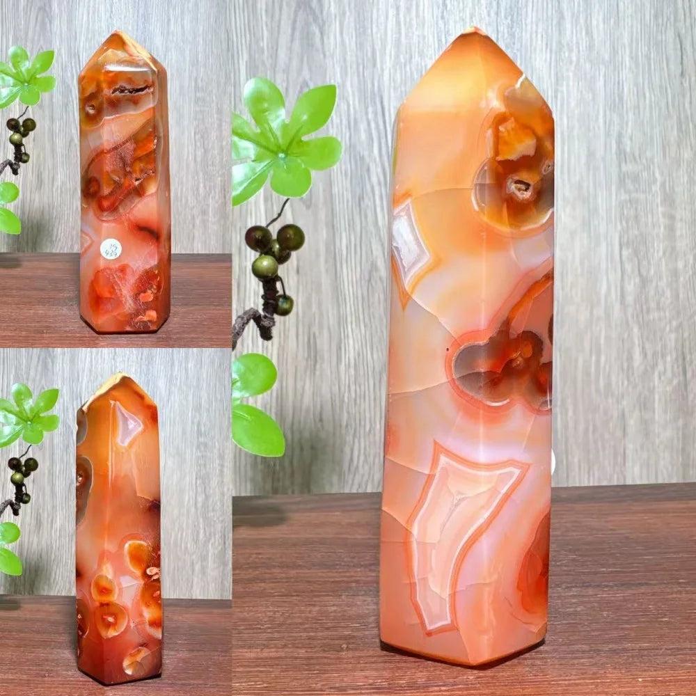 Natural red carnelian agate geode tower, a healing crystal reiki energy stone for home decor.
